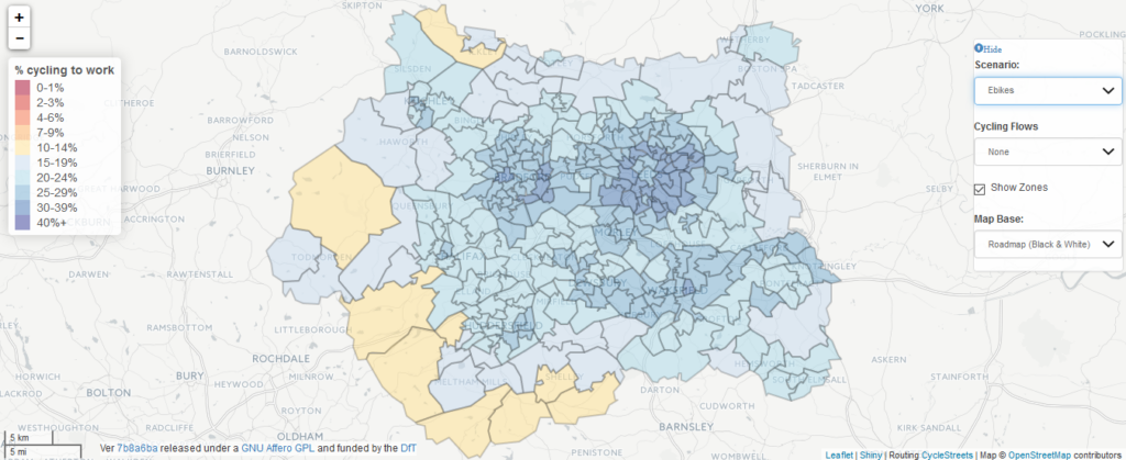 A heat map of West Yorkshire showing projected levels of cycling under the 'Ebikes' scenario. It shows even higher levels of cycling than the 'Go Dutch' scenario.
